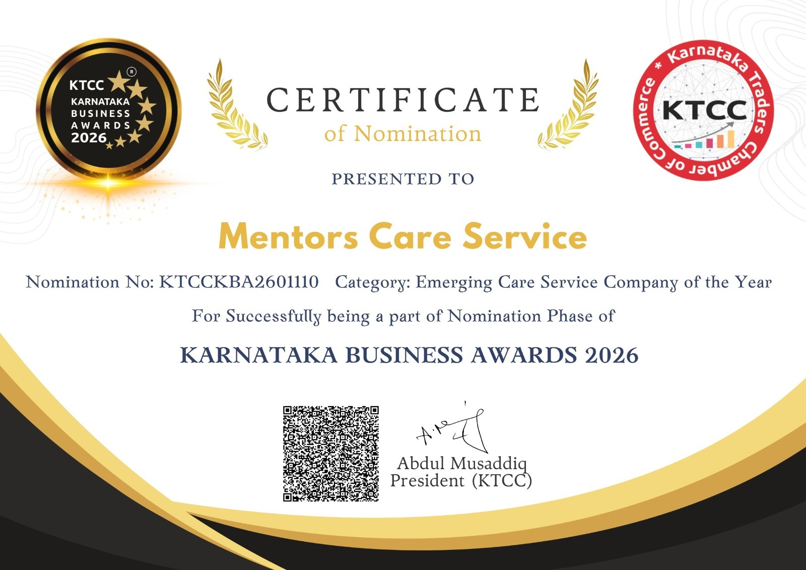 Karnataka Business Awards 2026 - Certificate of Nomination